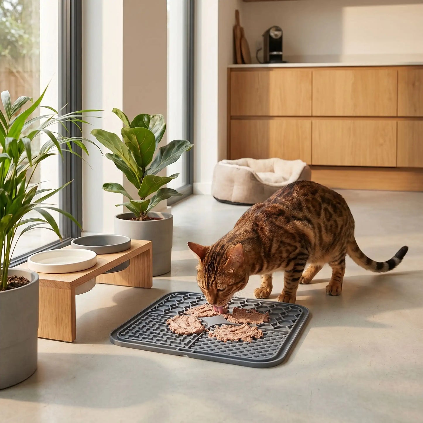chat tigré mangeant sur le tapis anti glouton chat