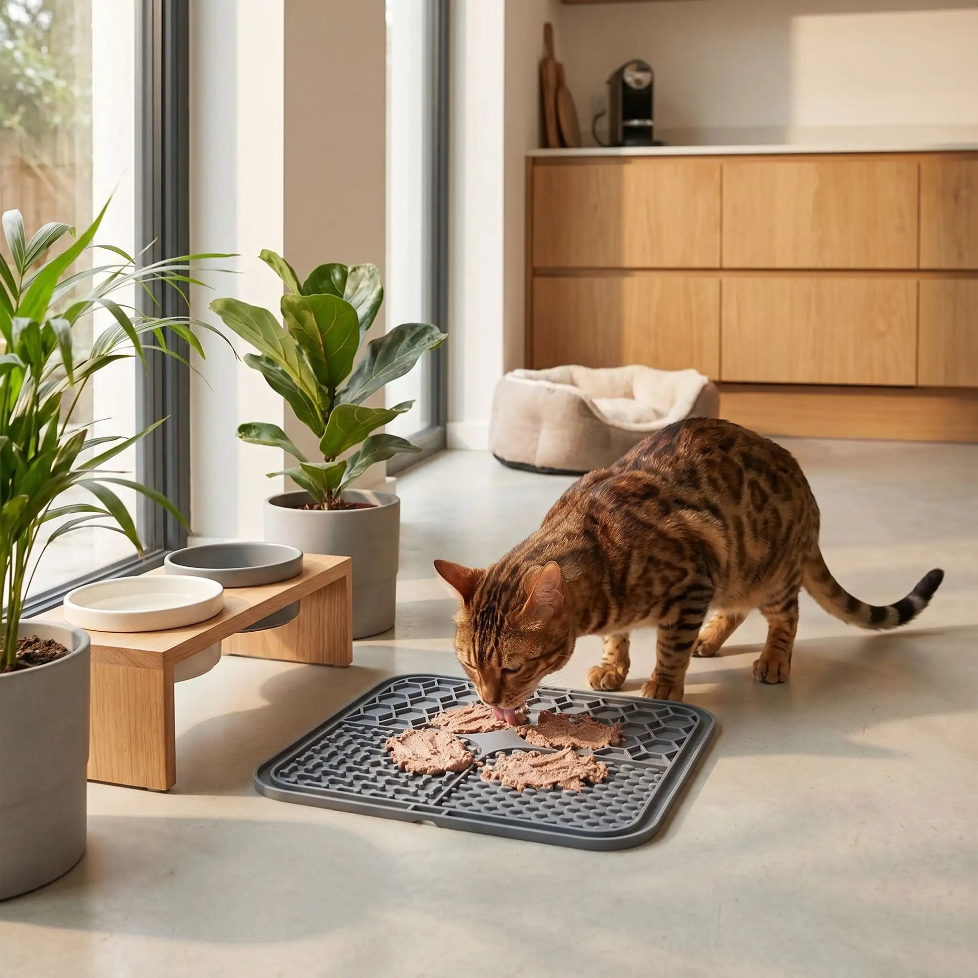 chat tigré mangeant sur le tapis anti glouton chat