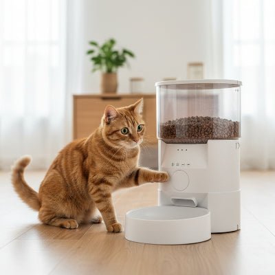 chat touchant le distributeur automatique de croquettes chat