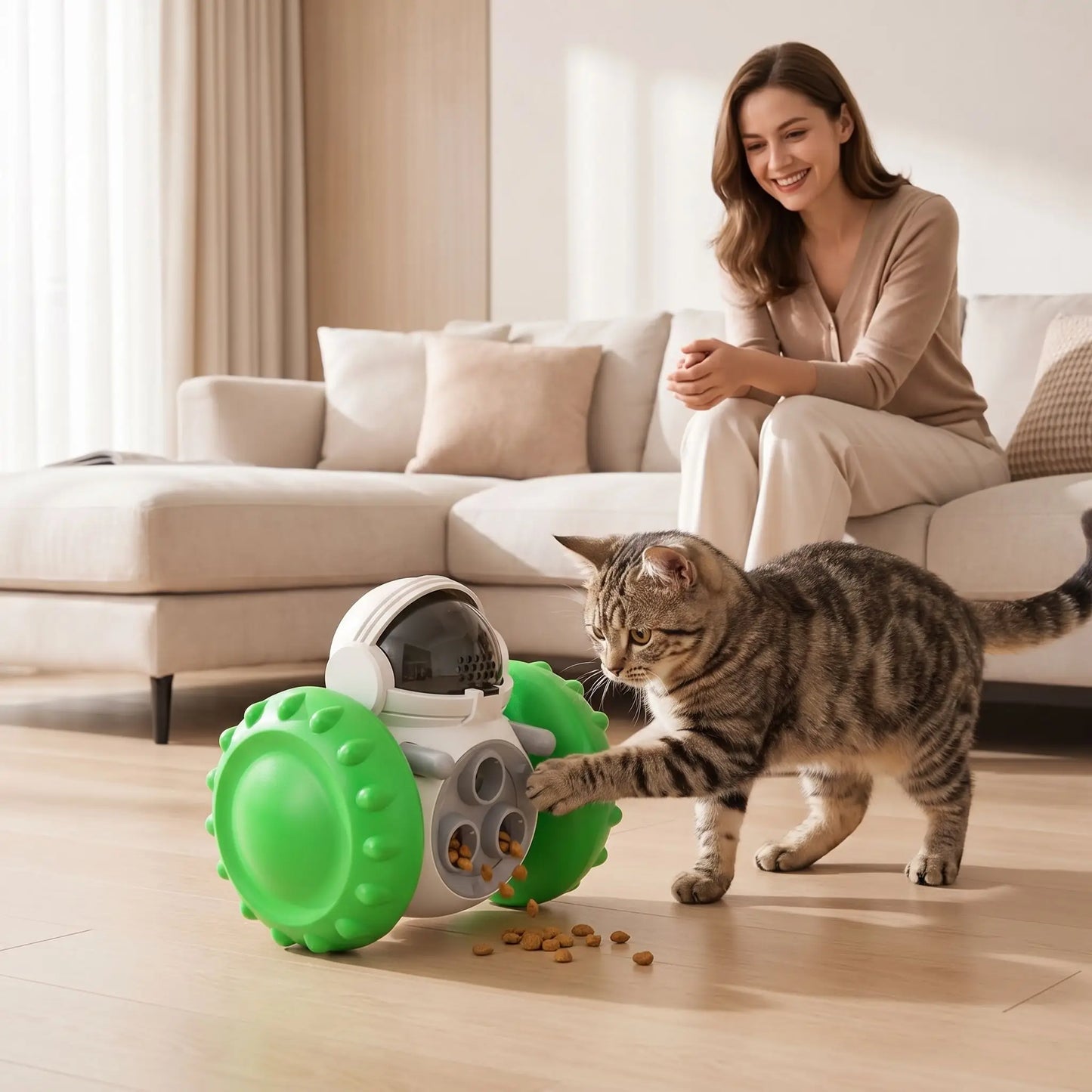 chat touchant le Jouet distributeur de croquettes chat
