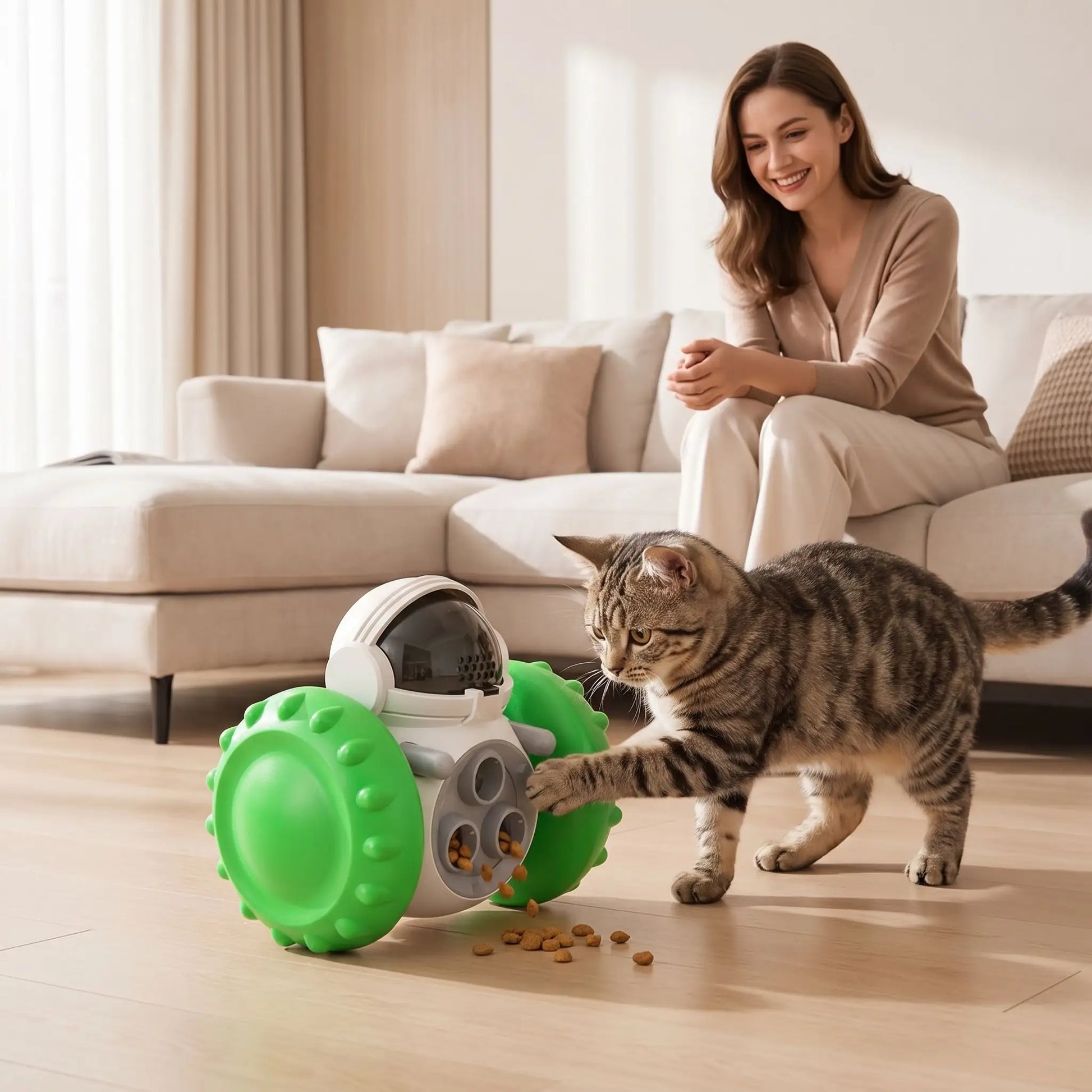 chat touchant le Jouet distributeur de croquettes chat