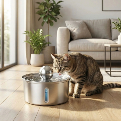 chat utilisant fontaine à chat dans le salon