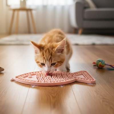 Chat utilisant un Tapis de lechage avec de la pâtée 