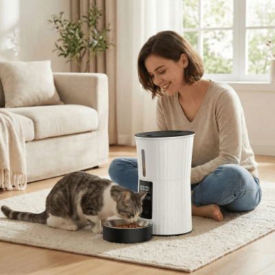 chat utilise le distributeur automatique de croquettes pour chat