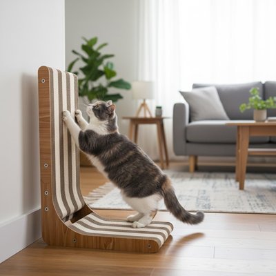 Chat utilise un griffoir chat dans un salon 