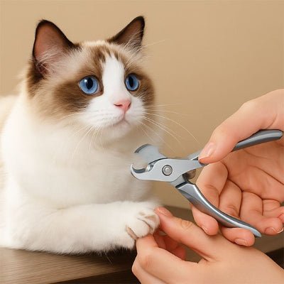 Chat yeux bleus pendant la coupe griffe pour chat