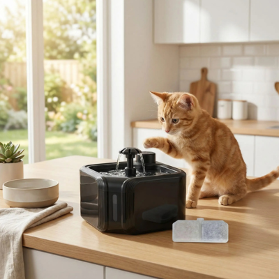 chaton explore la fontaine a chat