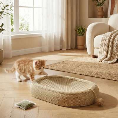  chaton explore le griffoir a chat