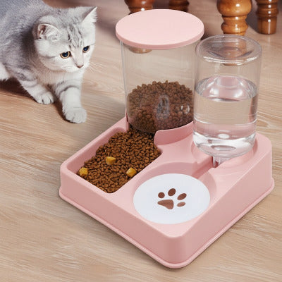 chaton gris approche distributeur de croquettes pour chat rose