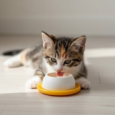 chaton lèchant la gamelle anti glouton chaton orange