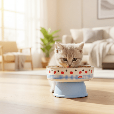 chaton mangeant des croquettes dans une gamelle pour chat surélevée