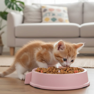 dans un salon le chaton mange dans la gamelle anti glouton chaton