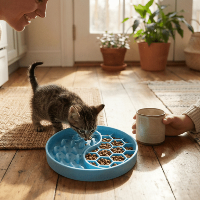 chaton mangeant dans une gamelle anti glouton chaton bleu