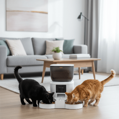 deux chats s'alimentent dans un distributeur croquette chat automatique