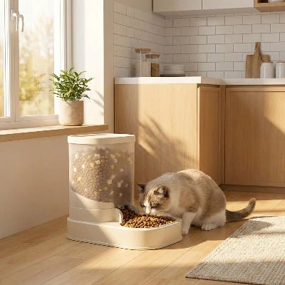 chat s'alimente dans un distributeur de croquettes