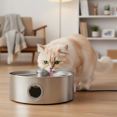 chatte beige buvant dans la fontaine eau pour chat