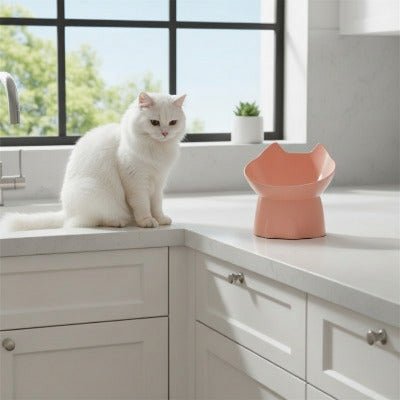 chatte blanche assise a cote Gamelle Chat surélevée rose 