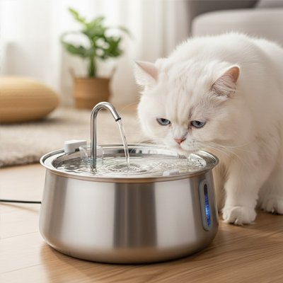 Chatte blanche buvant à une Fontaine a eau chat