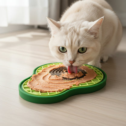 chatte léchant le tapis anti-glouton chat