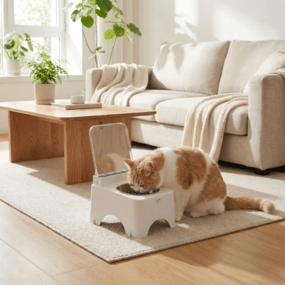 chat mangeant dans la gamelle automatique chat