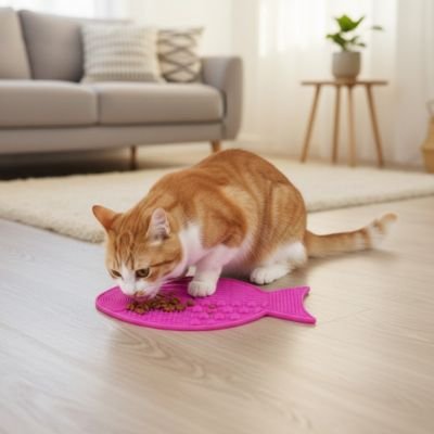 chat mangeant dans le tapis de lechage chat rose