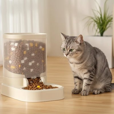 une chatte regardant le distributeur de croquettes 