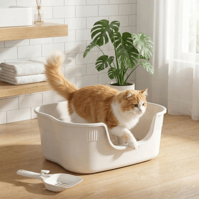 chatte sortant du bac a litiere chat 