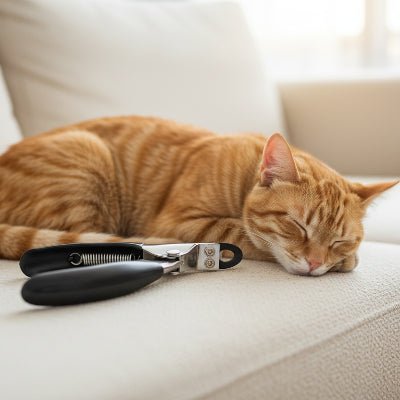 Coupe ongle chat posé sur le divan à côté du chat