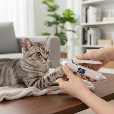 coupe ongle pour chat en action sur un chat rayé