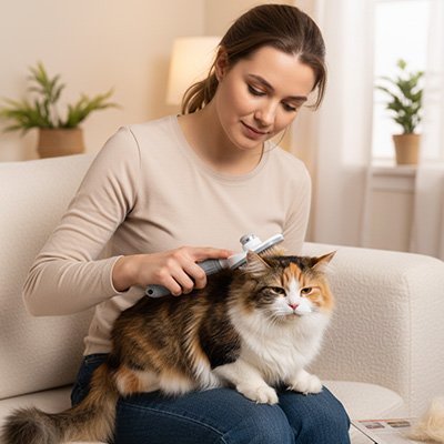 Dame brossant un chat avec une brosse pour chat