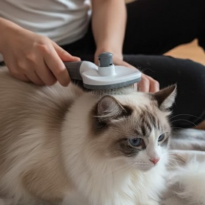 Une dame brosse un chat avec une brosse pour chat