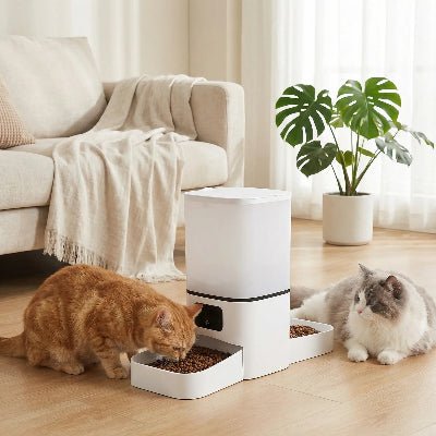 deux chat un coucher et l'autre mange à côté du distributeur automatique croquettes chat