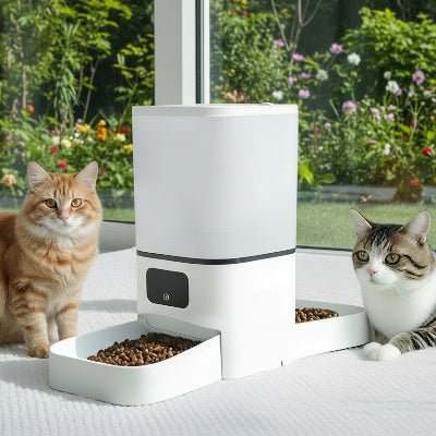 deux chats à côte du distributeur automatique croquettes chat