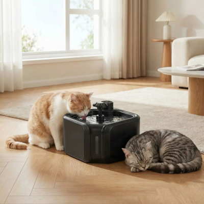 deux chats à côté d'une fontaine a chat