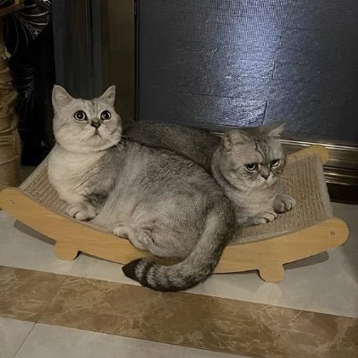 deux Chats allongés confortablement dans le griffoir à chat