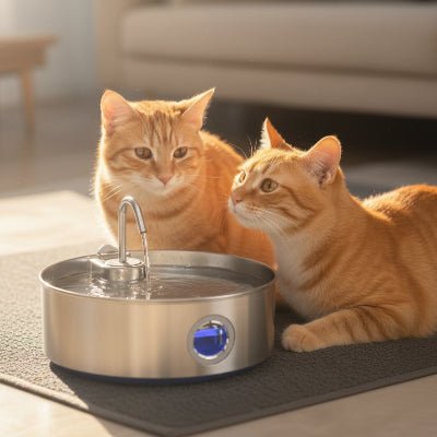 deux chats boivent dans la fontaine eau pour chat