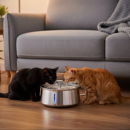 deux chats boivent dans la fontaine a eau pour chat inox