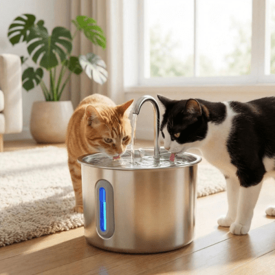 deux chat boivent dans la fontaine eau pour chat