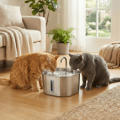 deux chat boivent dans une fontaine pour chat
