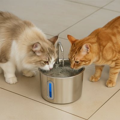 deux chats boivent de l'eau de la fontaine eau pour chat