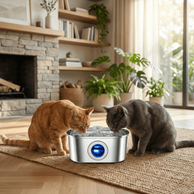 deux chats s'hydratent avec une fontaine à chat 