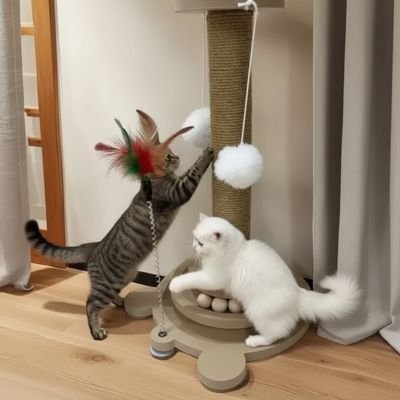 deux chats jouent avec le griffoir a chat