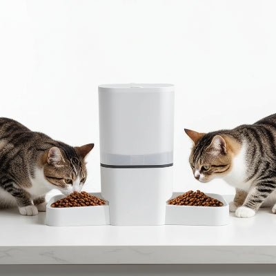 deux chats mangeant dans le distributeur automatique croquettes chat 