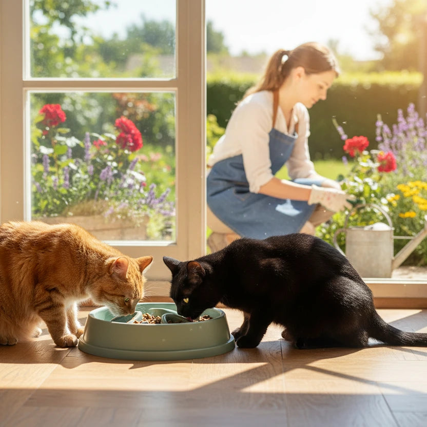 deux chat mangent dans la gamelle chat anti glouton 