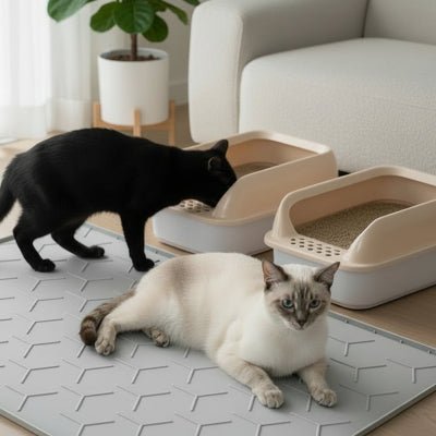 deux chats sur le tapis pour litière chat