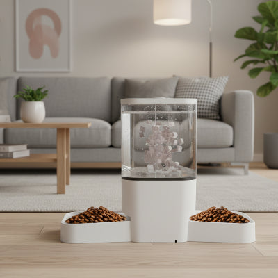 distributeur automatique croquettes chat posé dans un salon