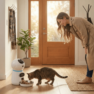 distributeur automatique de croquettes chat posé dans le couloir d'entrée