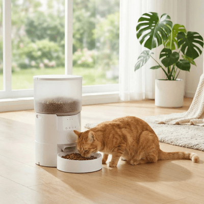 distributeur automatique de croquettes chat dans le salon