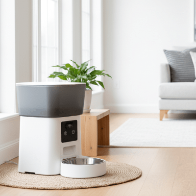 distributeur automatique de croquettes chat installé dans un salon moderne