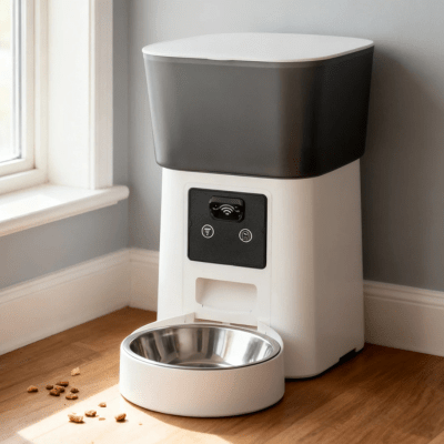 distributeur automatique de croquettes chat posé dans un coin